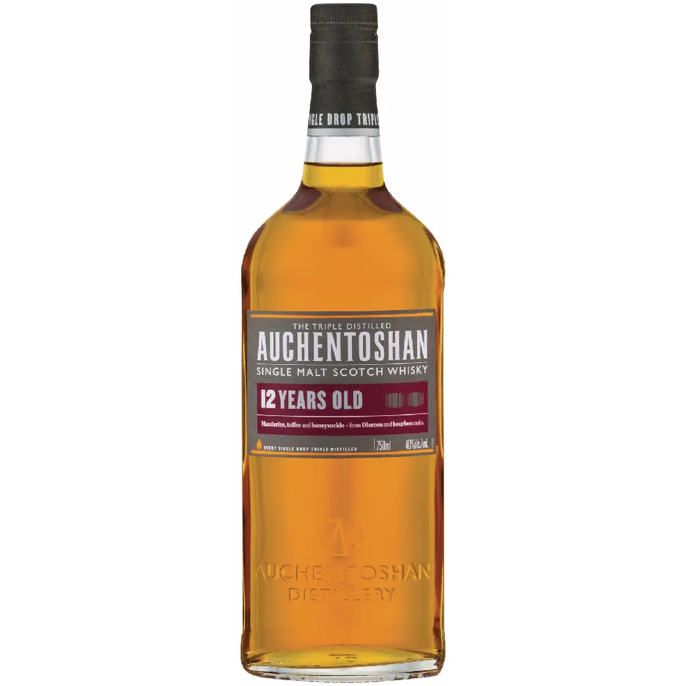 Bottle of Auchentoshan 12 Years Old Single Malt Scotch Whisky on a white background