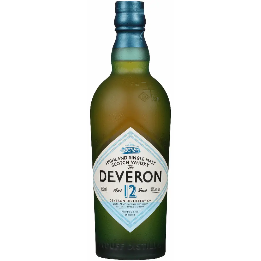 Bottle of Deveron whisky on a white background
