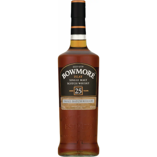 Bowmore 25-year-old single malt Scotch whisky bottle on a white background
