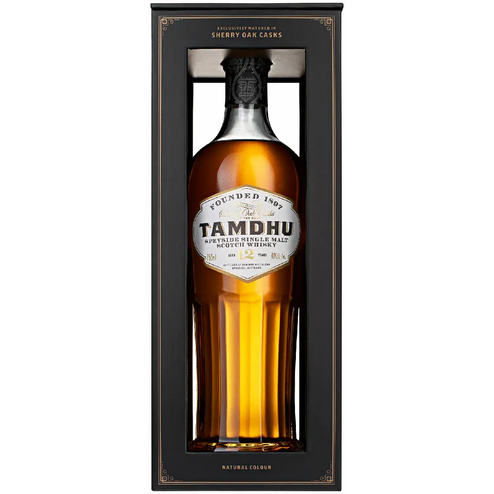 Tamdhu whisky bottle in a box on a white background