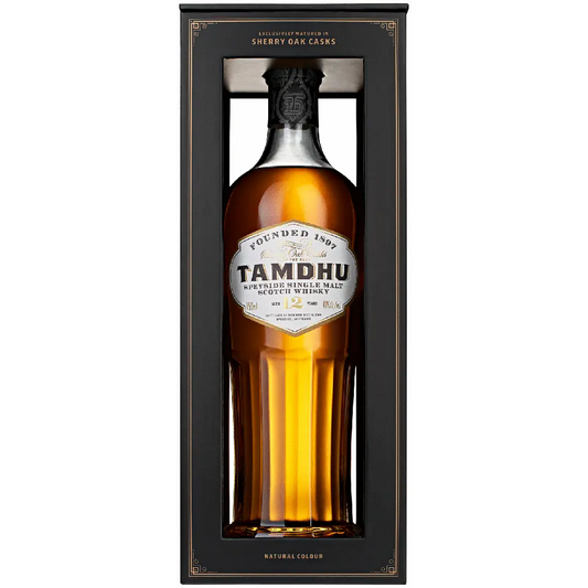 Tamdhu whisky bottle in a box on a white background