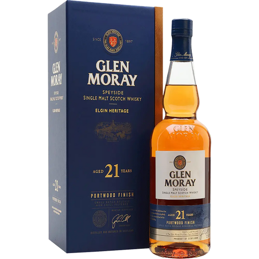 Glen Moray whisky bottle and box on a white background