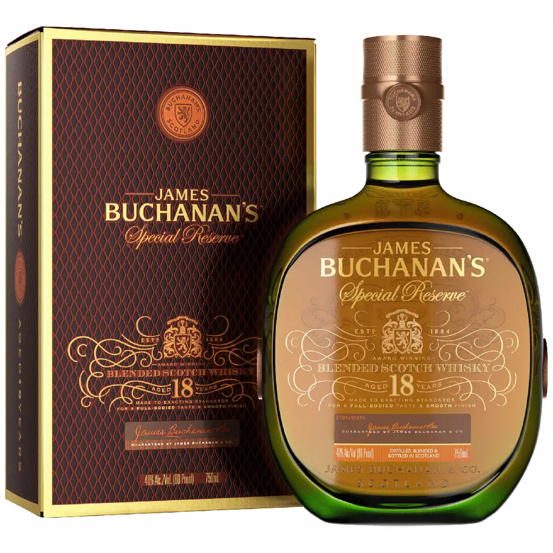 James Buchanan's Special Reserve whiskey bottle and box on a white background