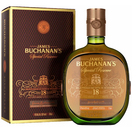 James Buchanan's Special Reserve whiskey bottle and box on a white background