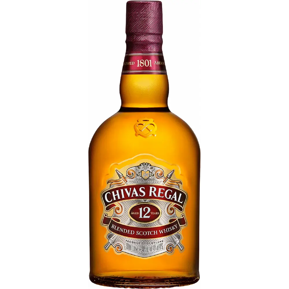 Chivas Regal 12-year-old blended Scotch whisky bottle on a white background