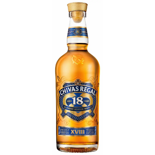 Chivas Regal 18-year-old Scotch whisky bottle on a white background