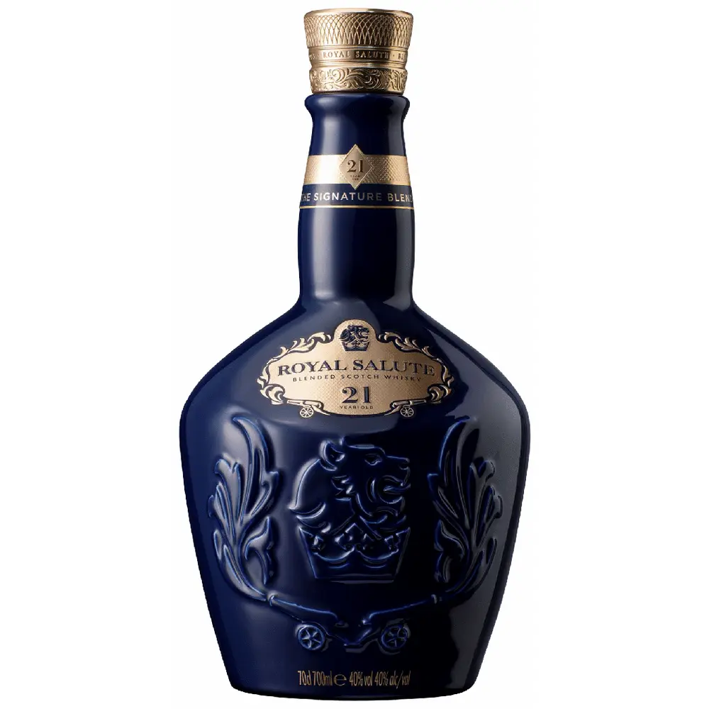 Blue bottle of Royal Salute whisky with gold accents on a white background