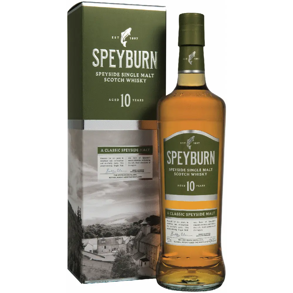 Speyburn 10-year-old single malt Scotch whisky bottle and packaging on a white background