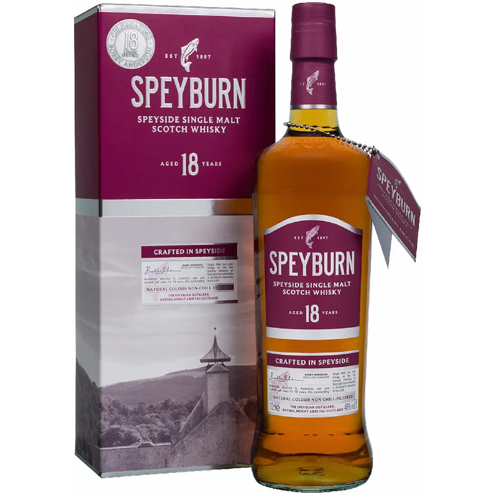 Speyburn 18-year-old single malt Scotch whisky bottle and box on a white background
