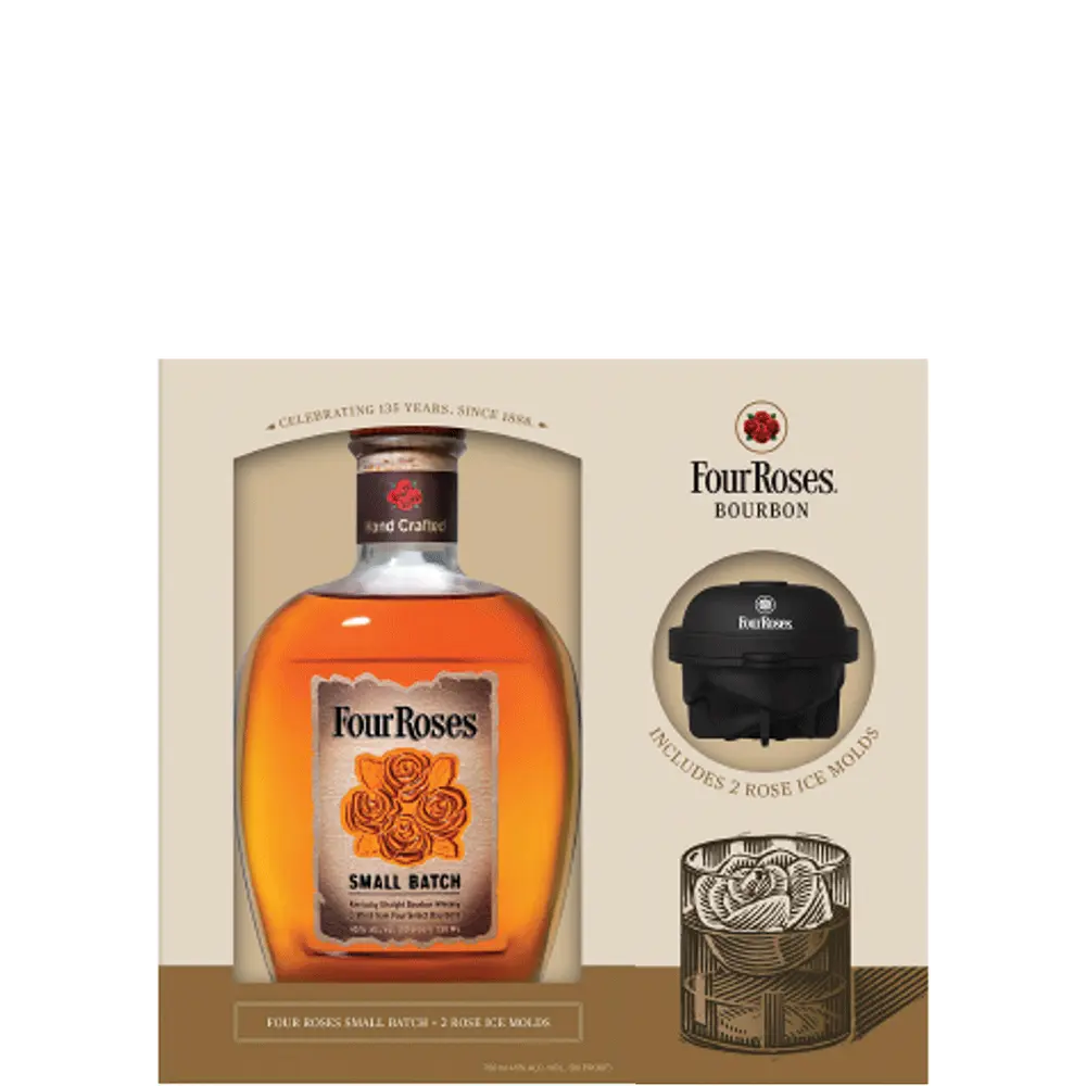 Four Roses bourbon bottle in packaging with a hat and ice mold on a white background