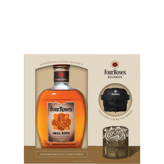 Four Roses bourbon bottle in packaging with a hat and ice mold on a white background