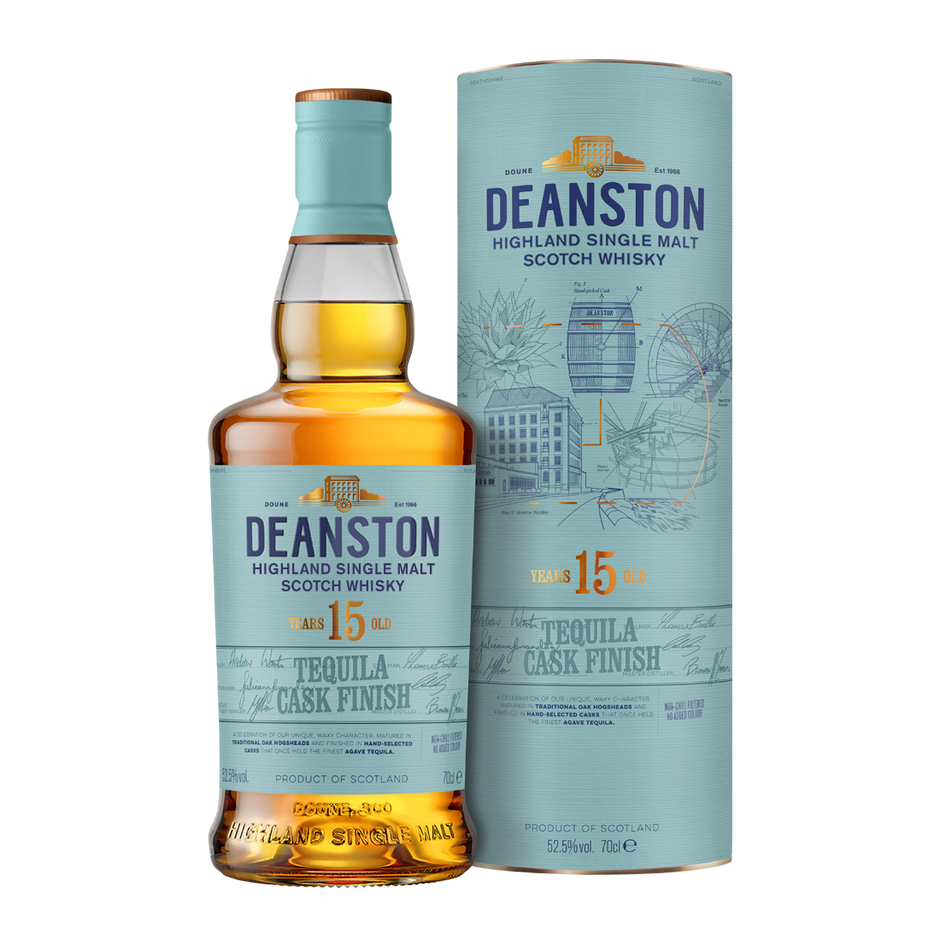 Deanston Highland Single Malt Scotch Whisky bottle and packaging on a white background