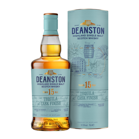 Deanston Highland Single Malt Scotch Whisky bottle and packaging on a white background