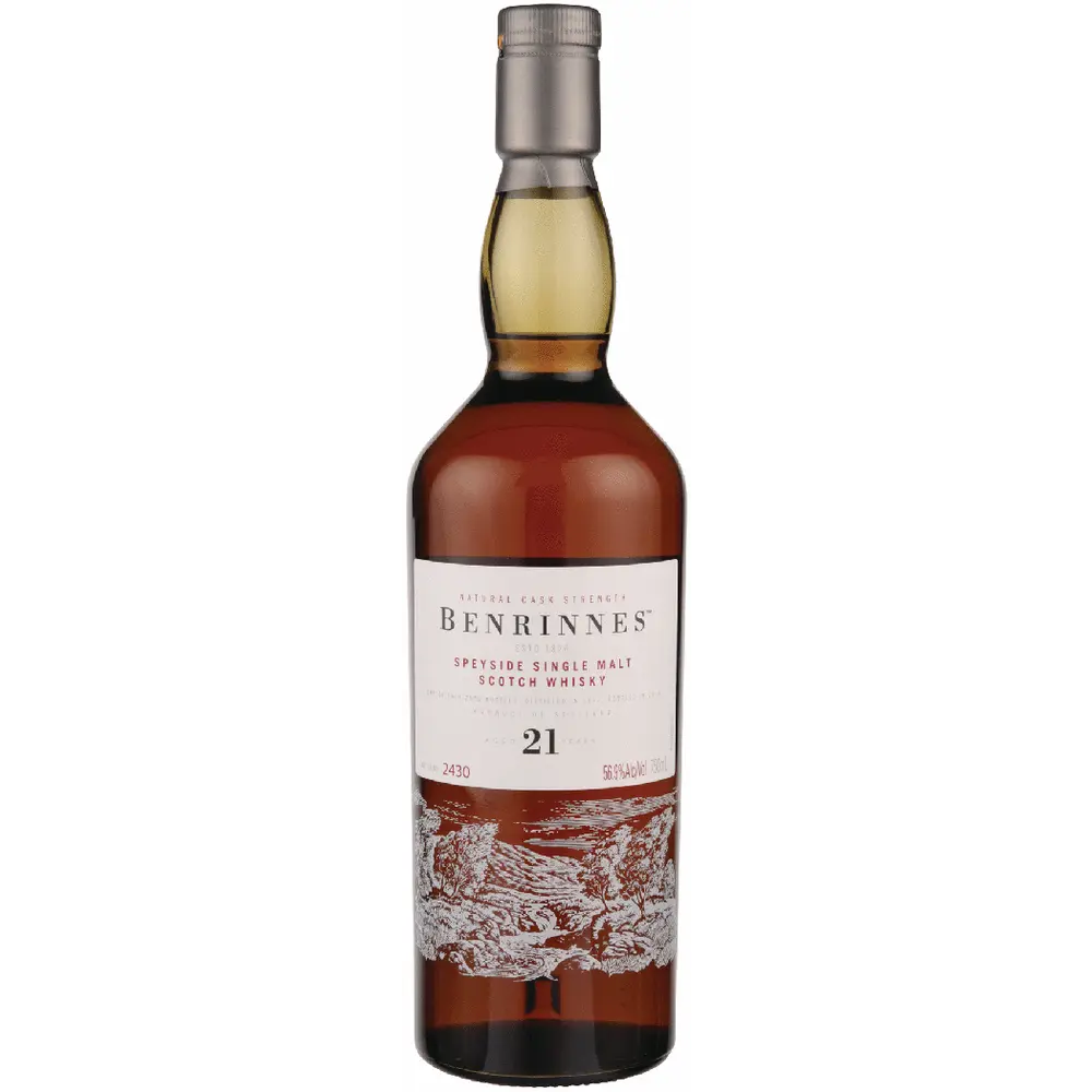 Benrinnes 21-year-old Scotch whisky bottle on a white background