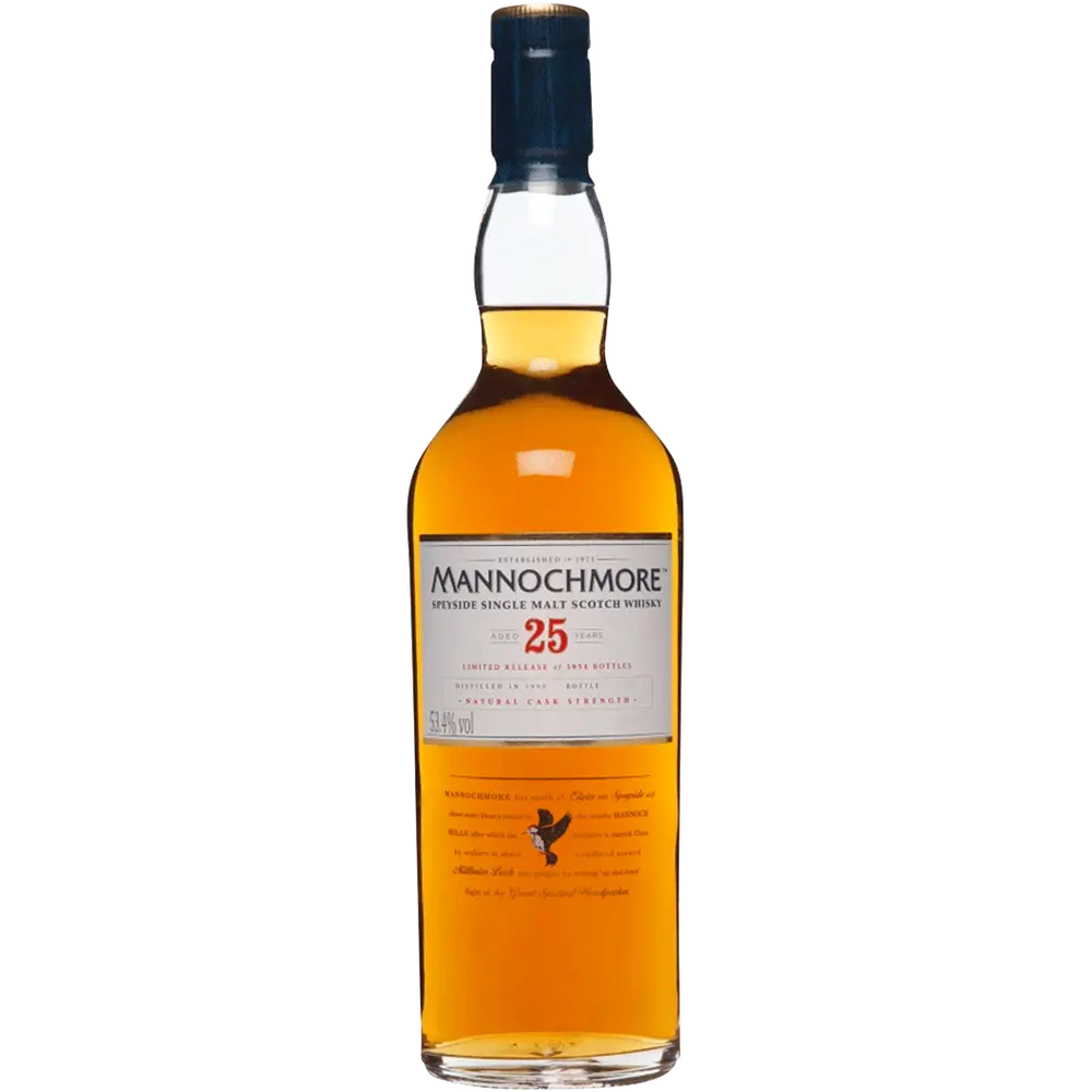 Mannochmore whisky bottle with label on a white background