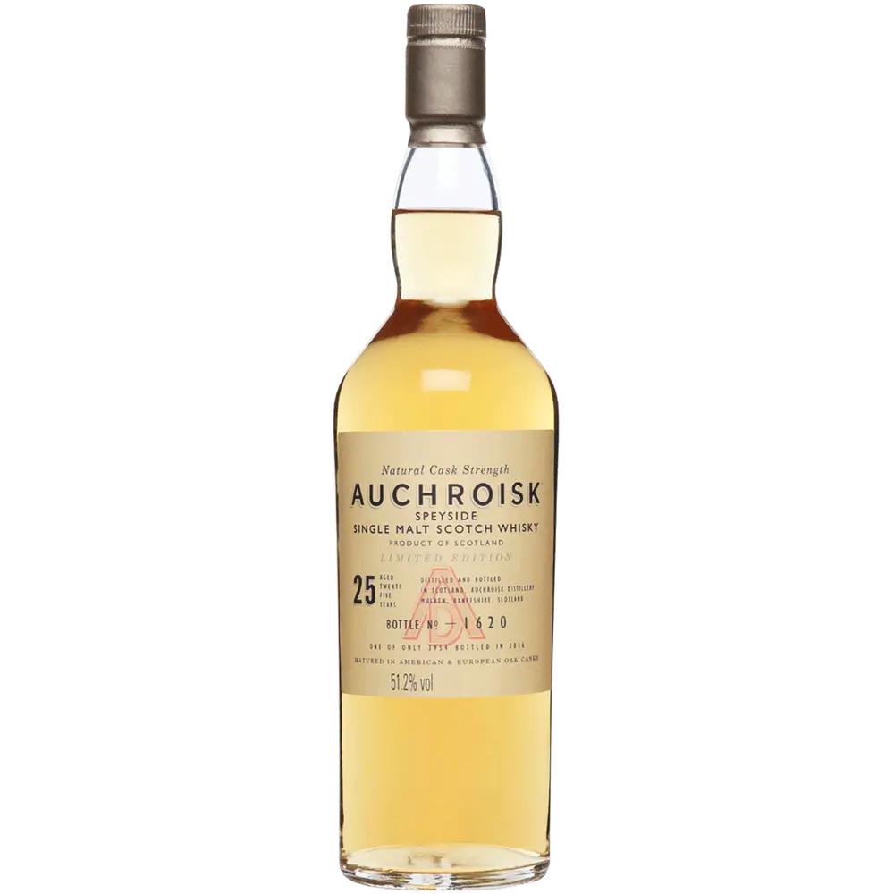 Auchroisk single malt Scotch whisky bottle on a white background