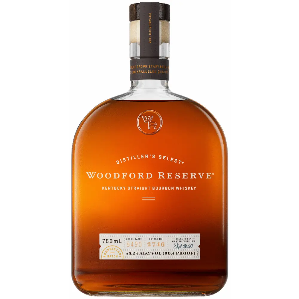 Woodford Reserve bourbon whiskey bottle on a white background