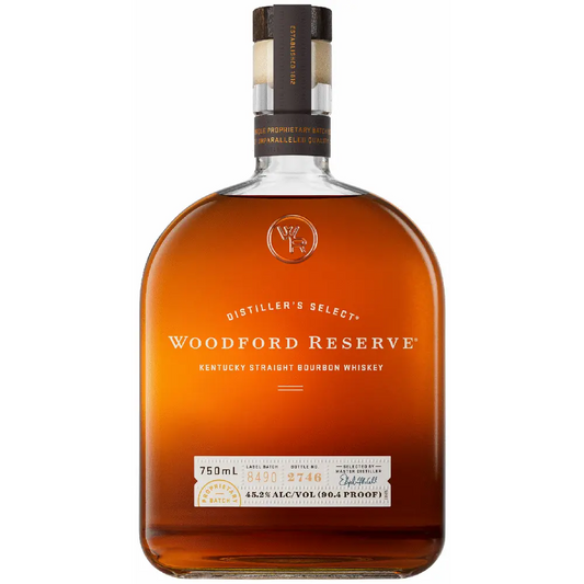 Woodford Reserve bourbon whiskey bottle on a white background