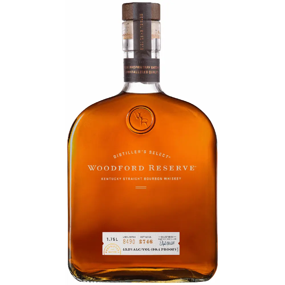 Woodford Reserve bourbon whiskey bottle on a white background
