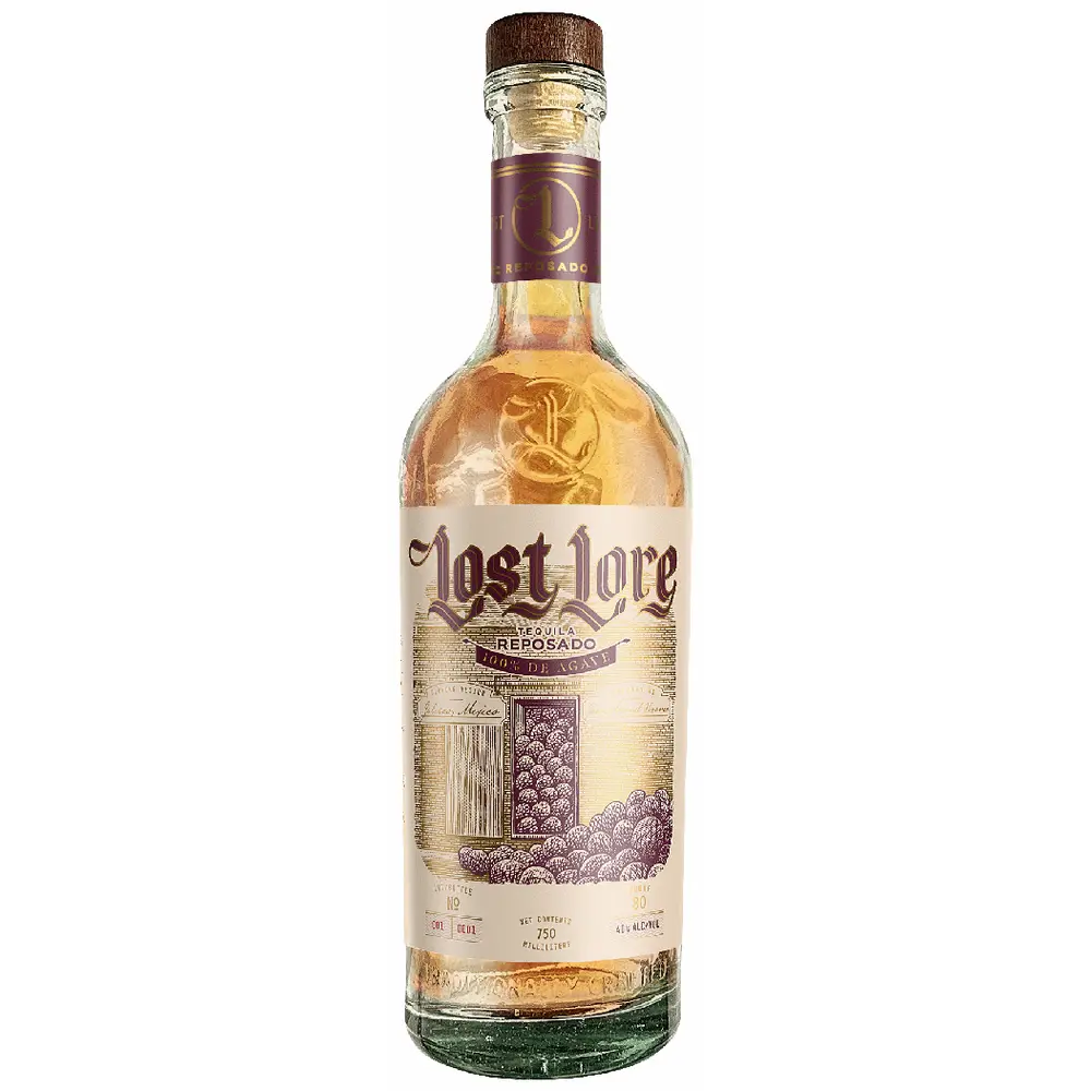 Bottle of Lost Lore Tequila Reposado on a white background