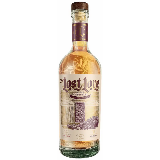 Bottle of Lost Lore Tequila Reposado on a white background
