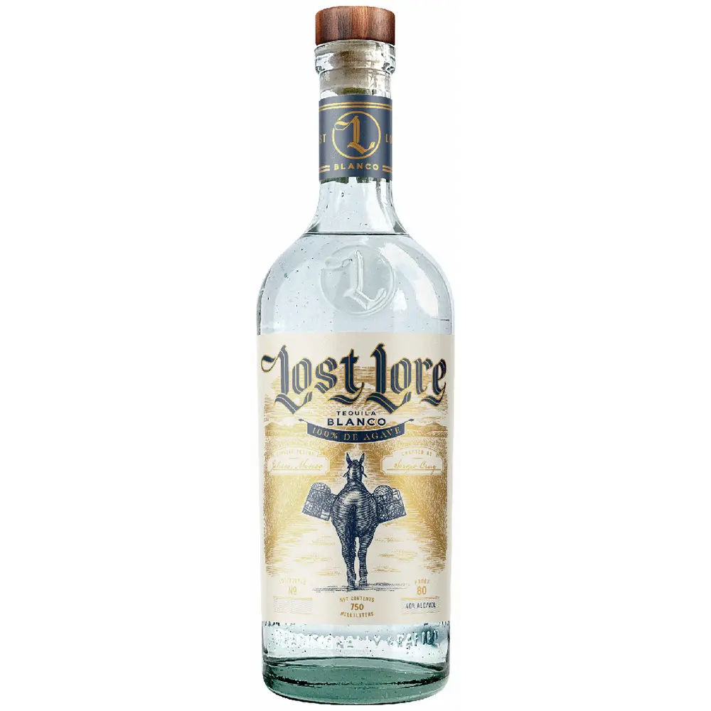 Bottle of Lost Lore Blanco tequila on a white background