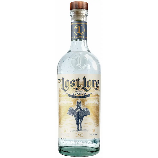 Bottle of Lost Lore Blanco tequila on a white background