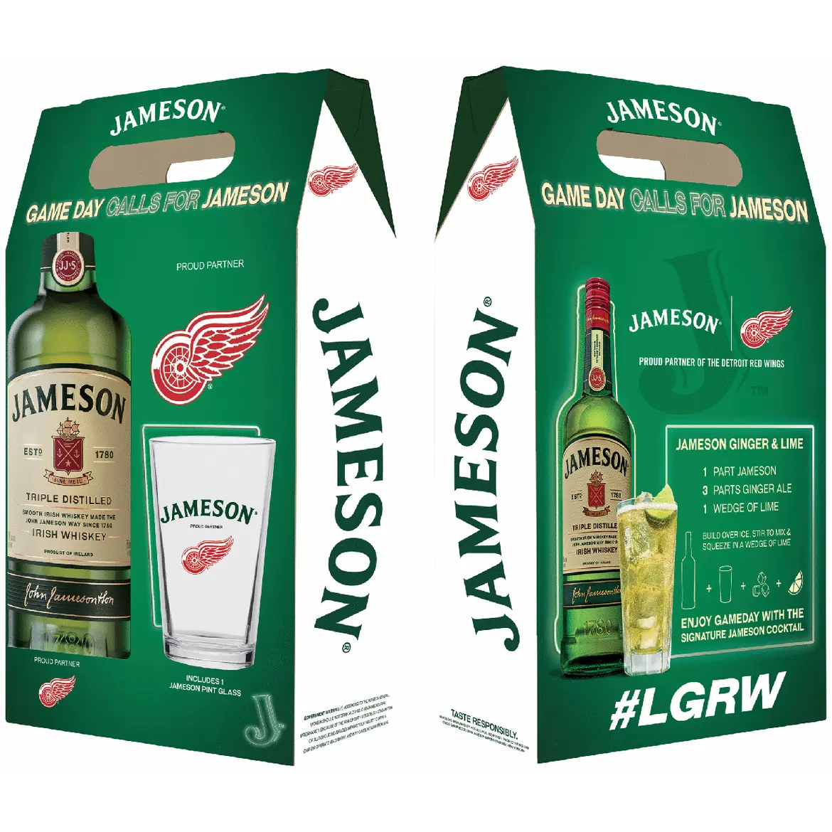 Two Jameson whiskey packages with a glass, featuring the Detroit Red Wings logo.
