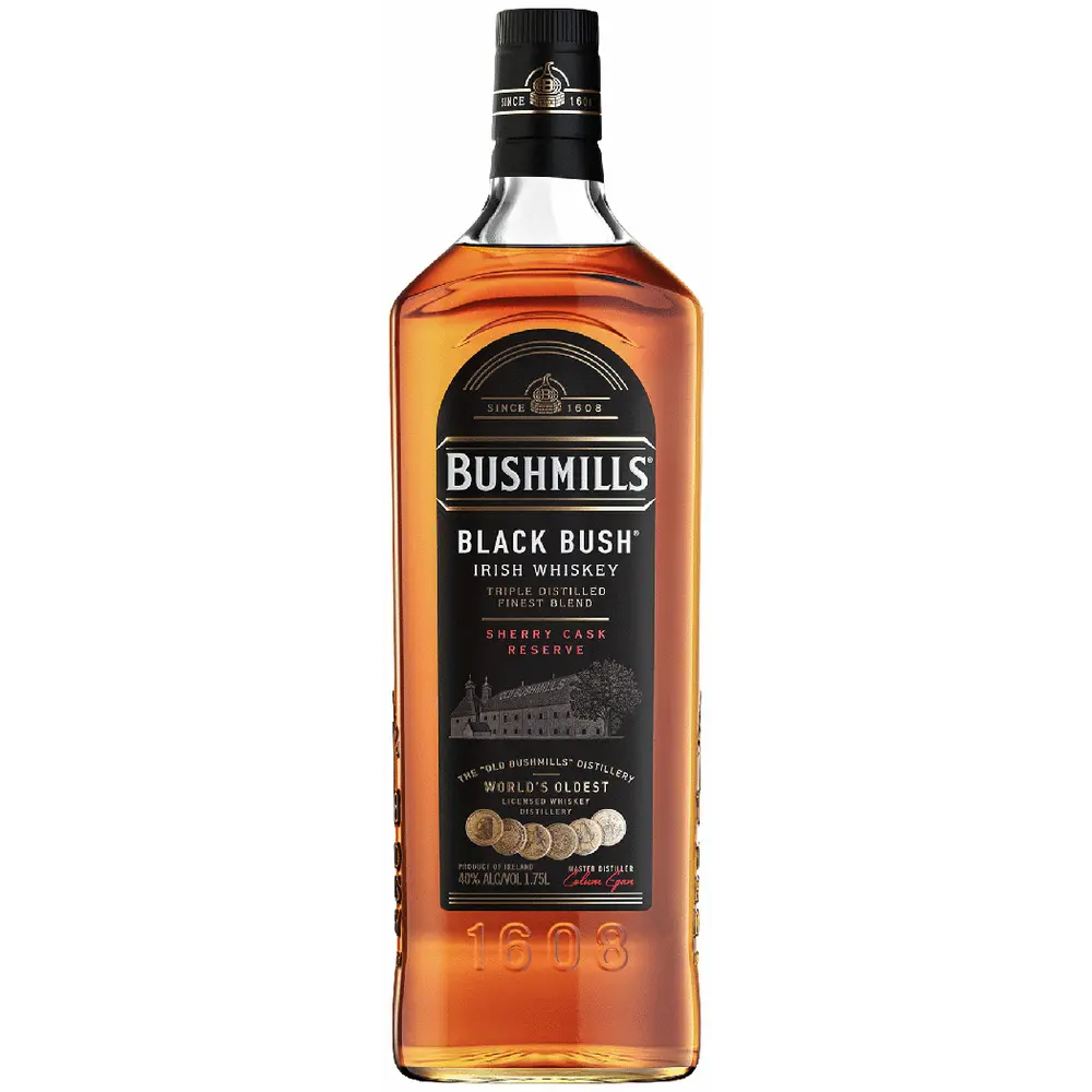 Bottle of Bushmills Black Bush Irish Whiskey on a white background