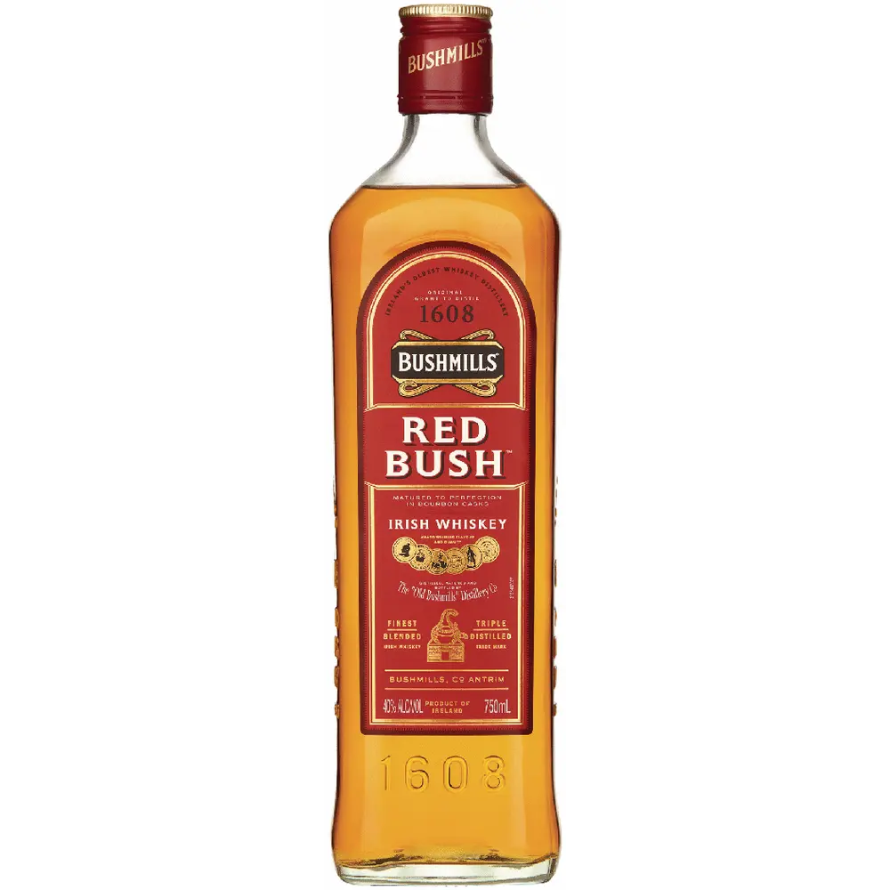 Bottle of Bushmills Red Bush Irish Whiskey on a white background