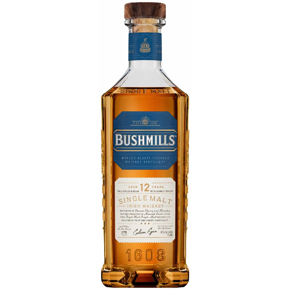 Bottle of Bushmills whiskey on a white background