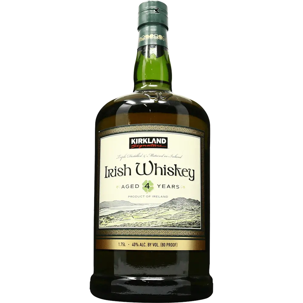 Bottle of Kirkland Irish Whiskey on a white background
