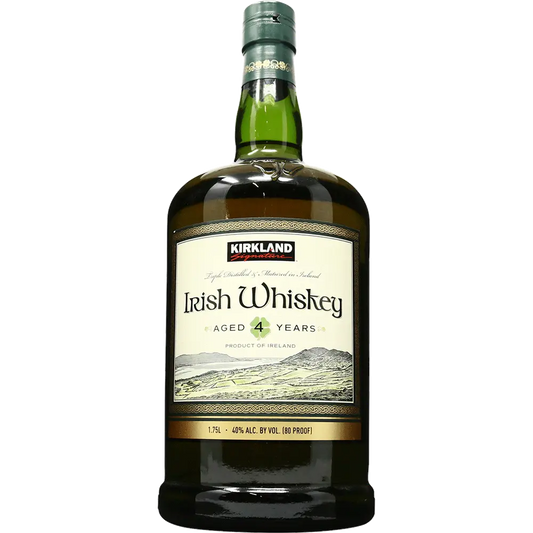 Bottle of Kirkland Irish Whiskey on a white background