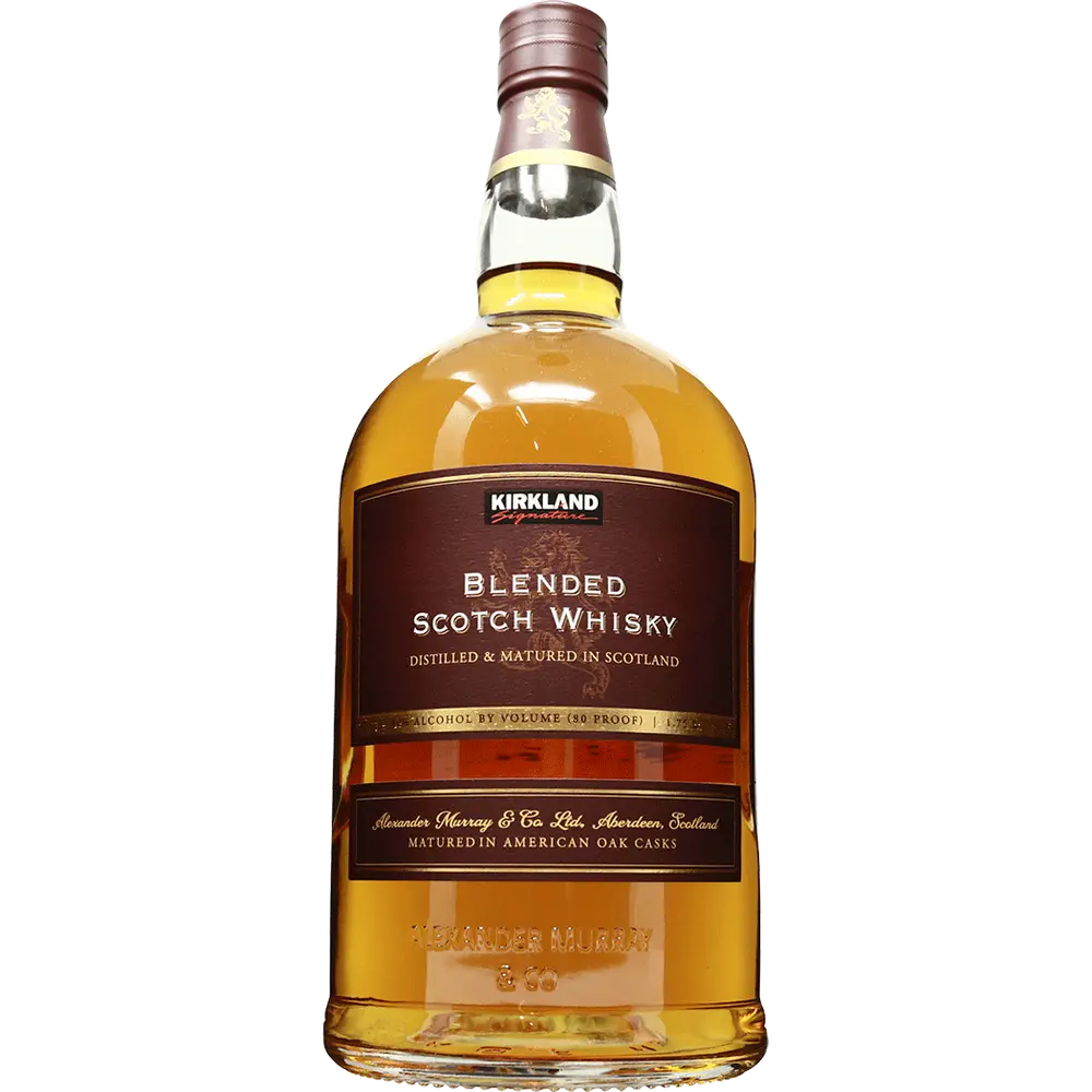 Bottle of Kirkland Blended Scotch Whisky on a white background