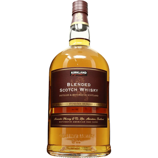 Bottle of Kirkland Blended Scotch Whisky on a white background
