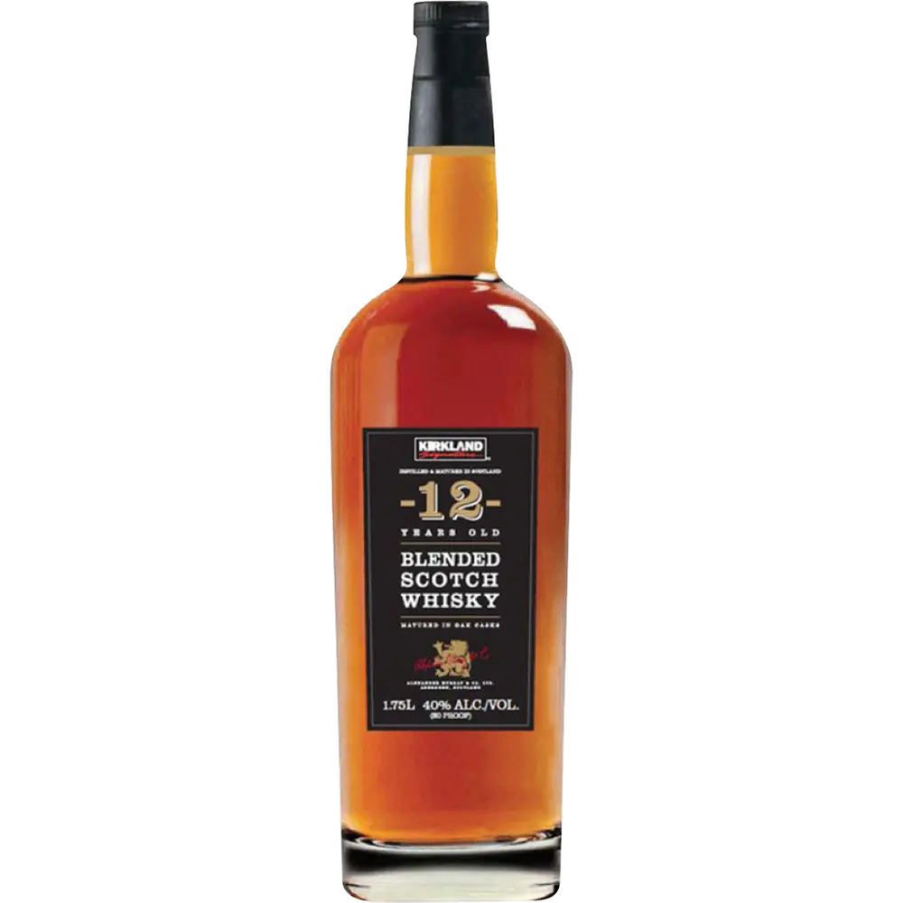 Bottle of Kirkland Blended Scotch Whisky on a white background
