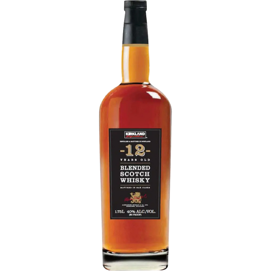 Bottle of Kirkland Blended Scotch Whisky on a white background