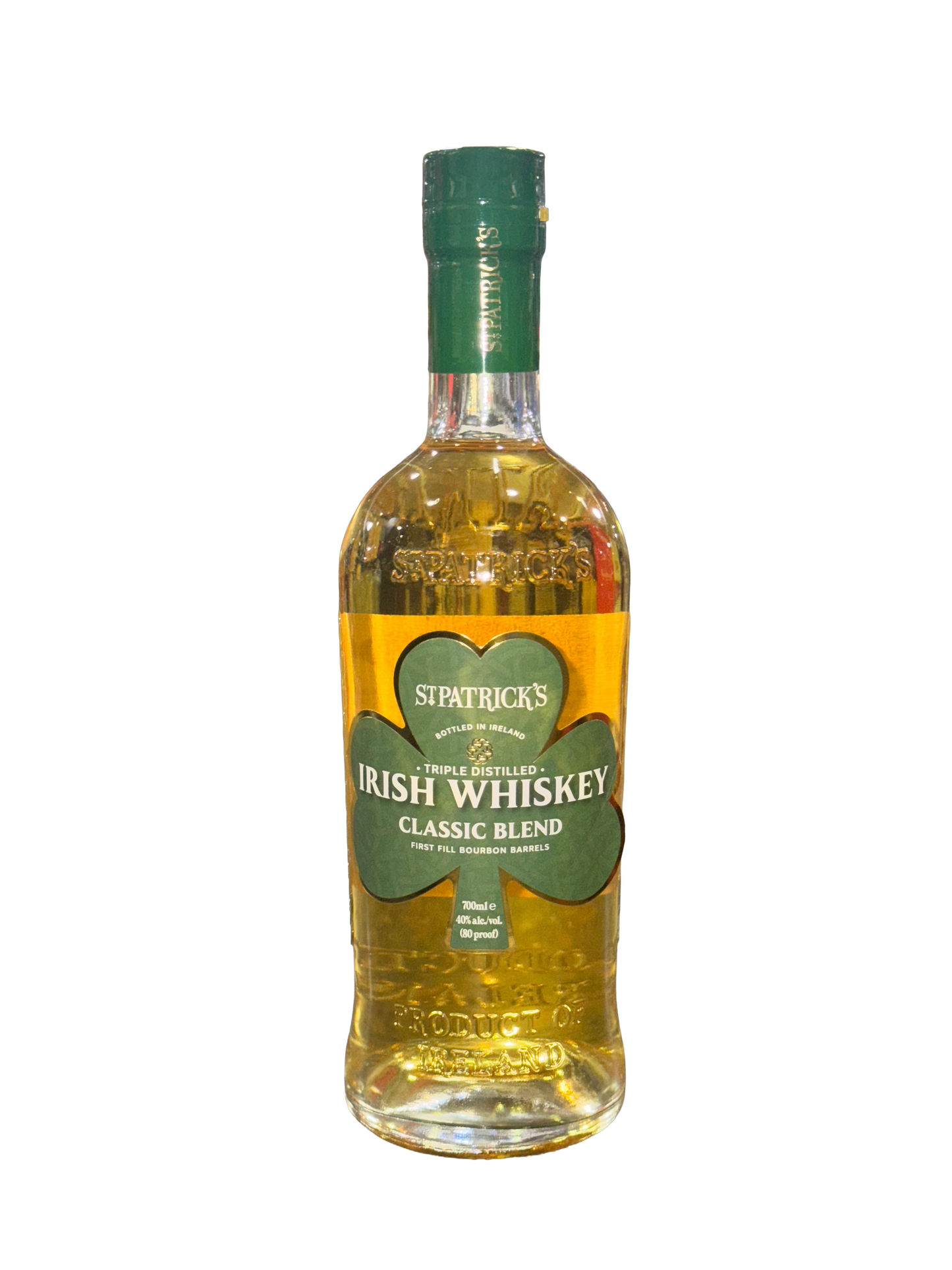 Bottle of St. Patrick's Irish Whiskey on a white background