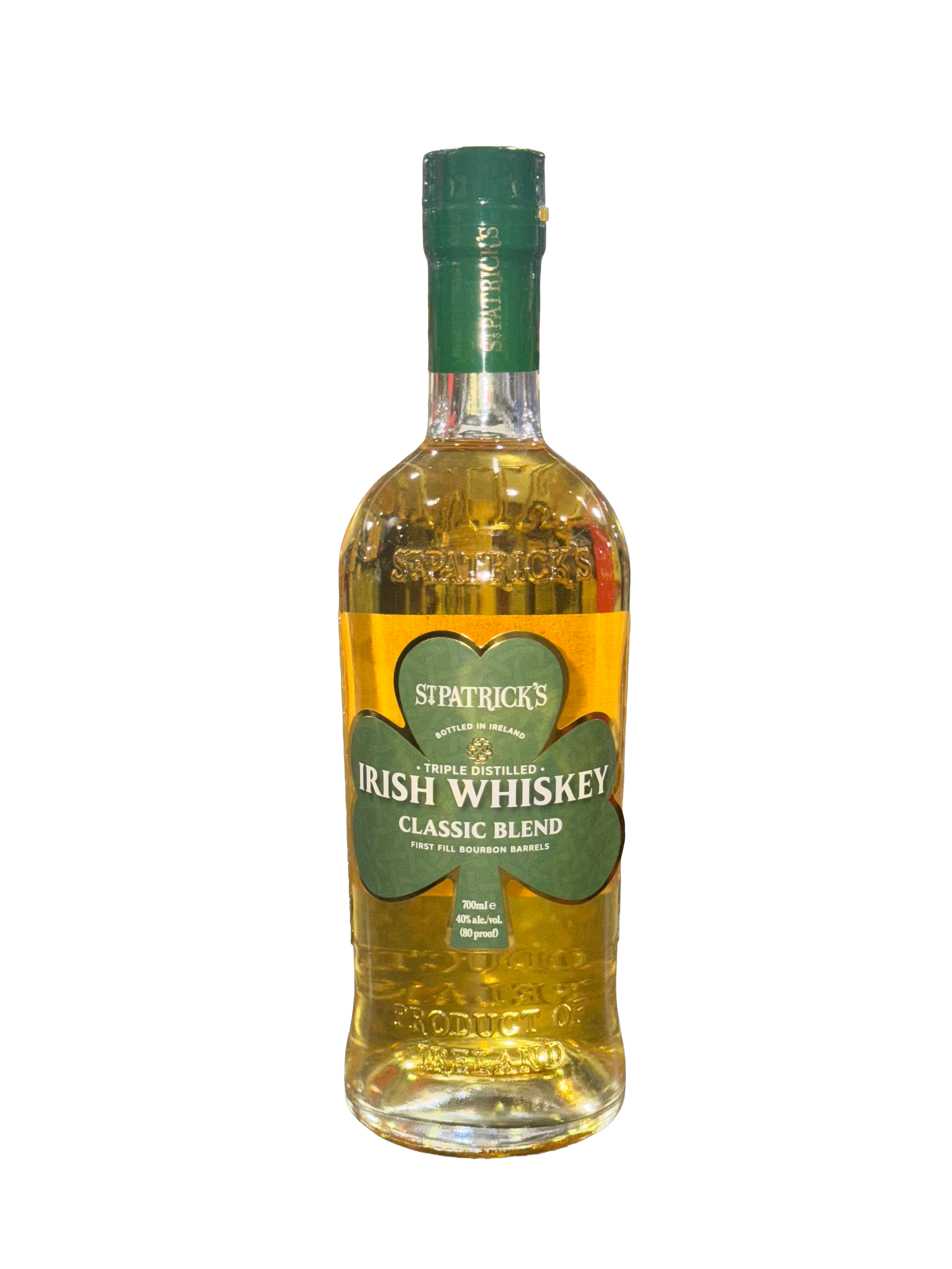Bottle of St. Patrick's Irish Whiskey on a white background