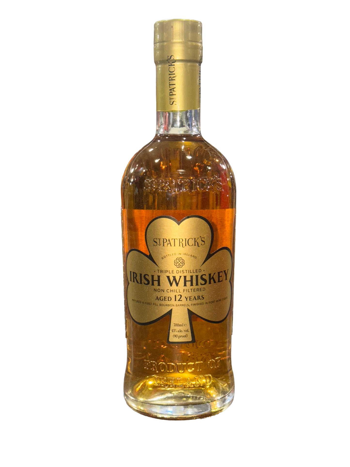 Bottle of St. Patrick's Irish Whiskey on a white background