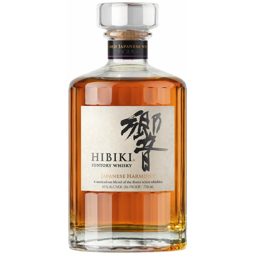 Hibiki Suntory Whisky bottle on a white background