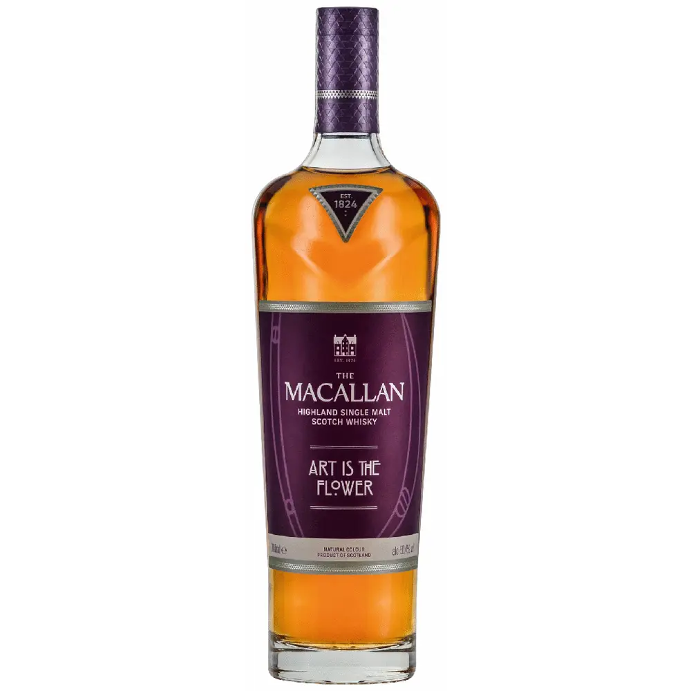 The Macallan whisky bottle with a purple label on a white background