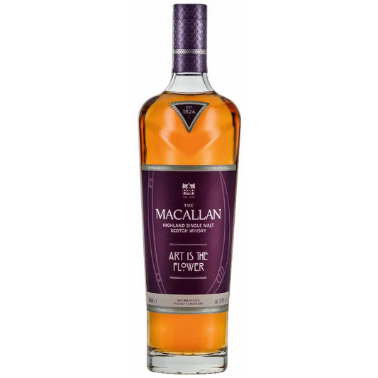 The Macallan whisky bottle with a purple label on a white background