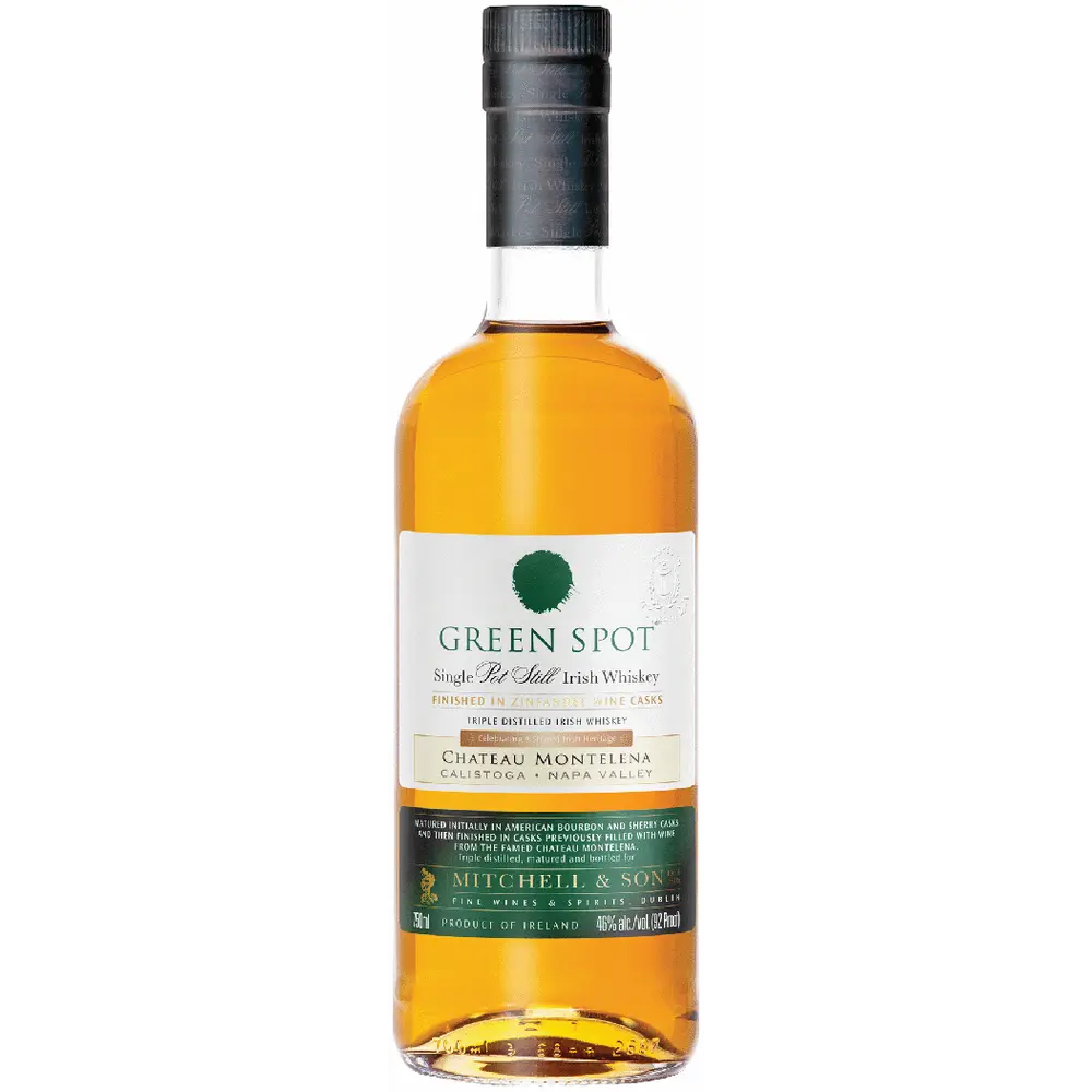 Bottle of Green Spot Irish whiskey on a white background