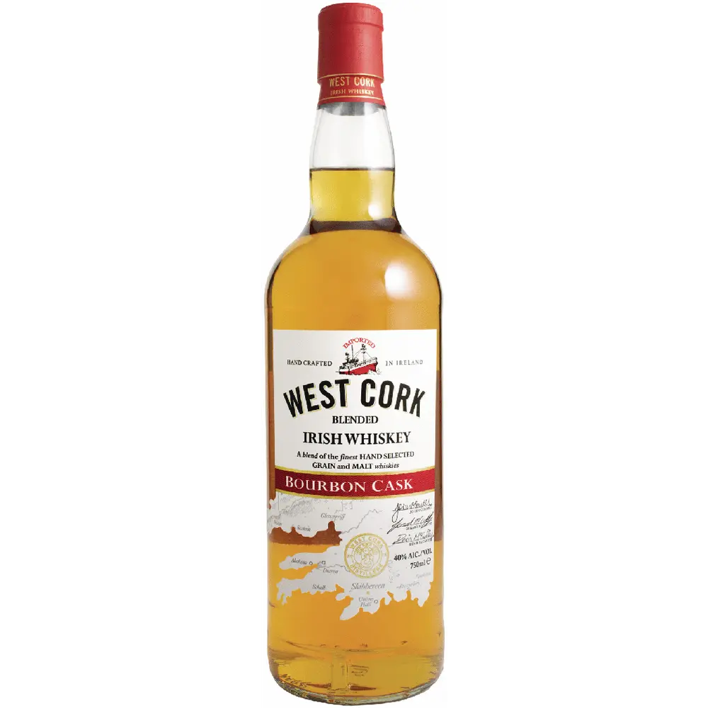 Bottle of West Cork Blended Irish Whiskey with a white label on a white background