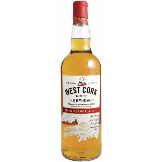 Bottle of West Cork Blended Irish Whiskey with a white label on a white background