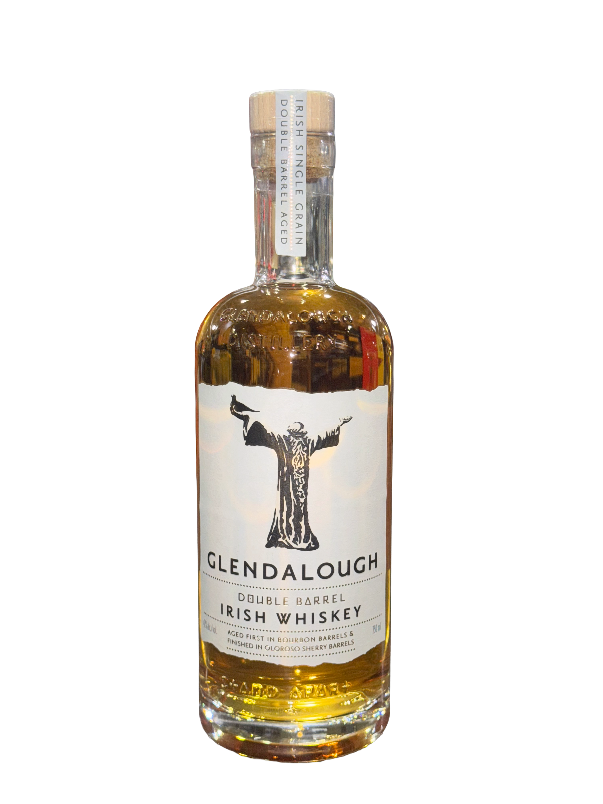 Bottle of Glendalough Irish Whiskey on a white background