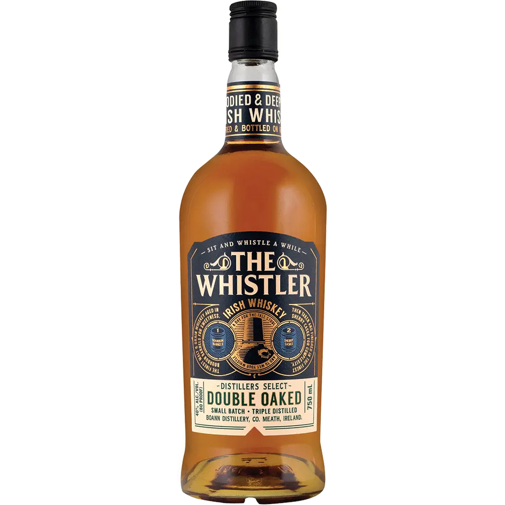 Bottle of 'The Whistler' Irish whiskey on a white background