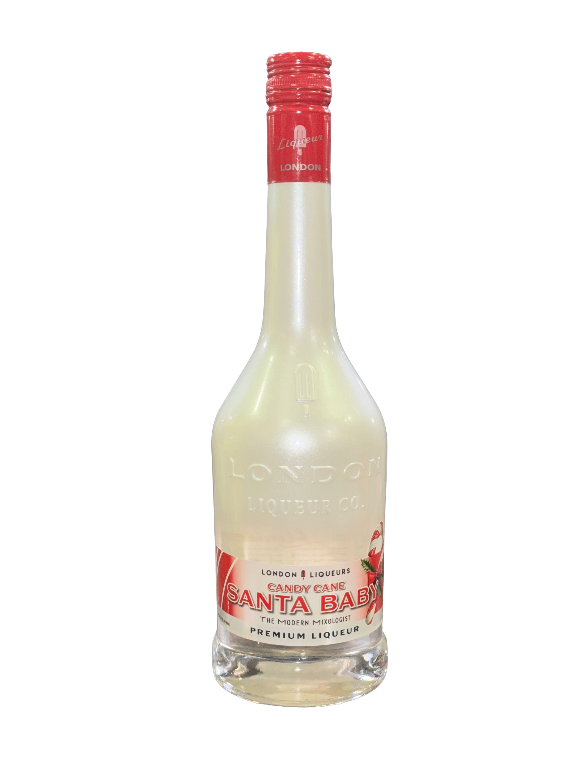 Bottle of Santa Baby liqueur with a red cap on a white background