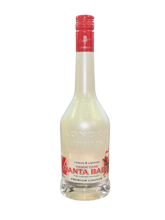 Bottle of Santa Baby liqueur with a red cap on a white background